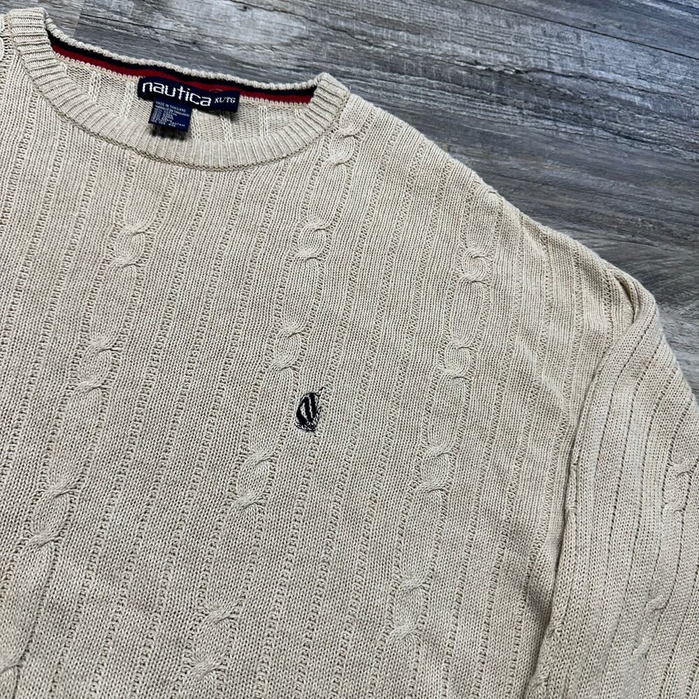 Vintage 90s Nautica Cream Ivory Mens XL Chunky Cable‎ Knit Sweater Ramie Linen